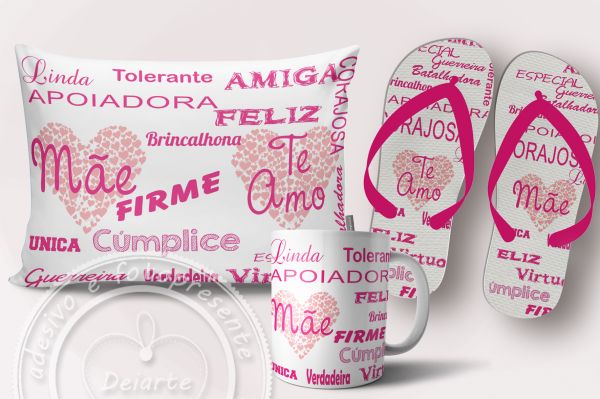 Kit Mães 3 Caneca Almofada e Chinelo - Palavras